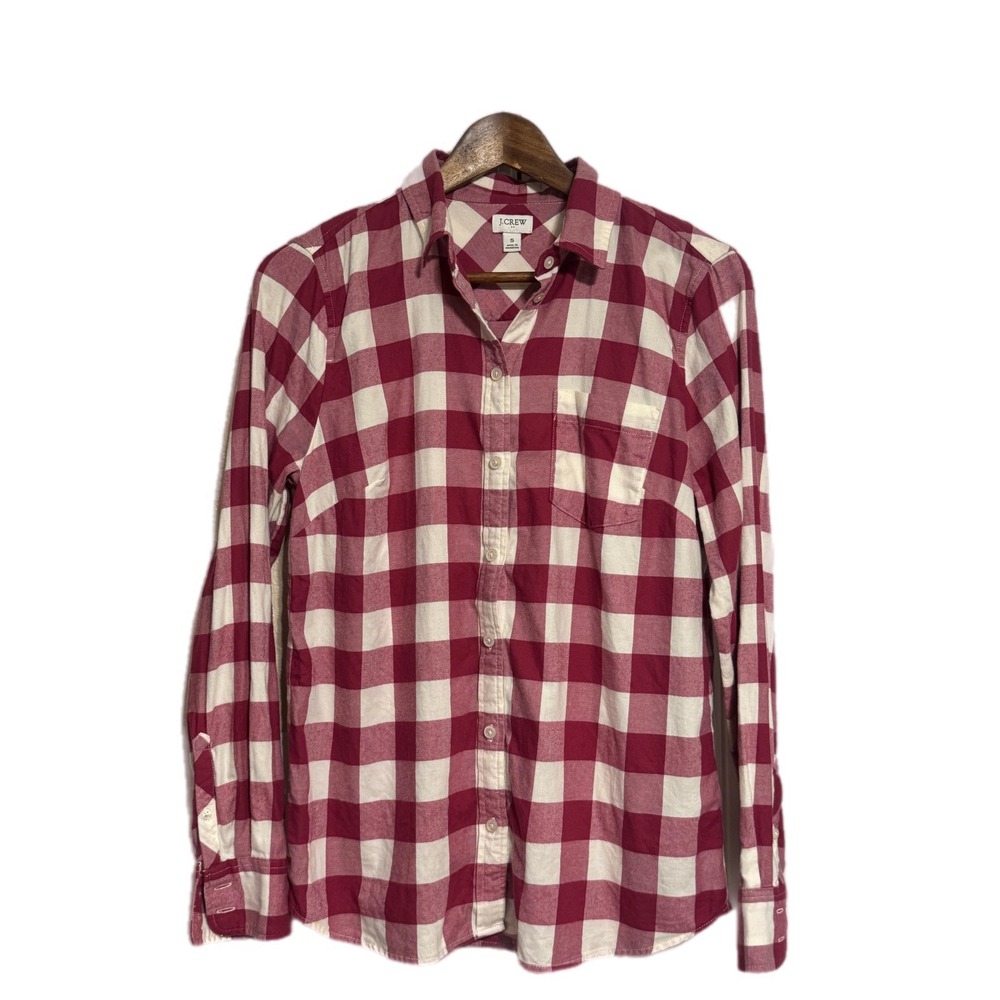 J. Crew Button Down Shirt Womens Small‎ Burgundy Plaid Excellent Cotton Flannel